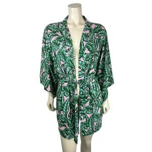 Kenny Flowers Beverly Hills Kimono Coverup Size S Leaf Print Green Pink Tie Swim